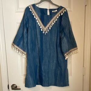 Hayden Blue boho fringe embroidered Tunic Dress with Tassel Trim